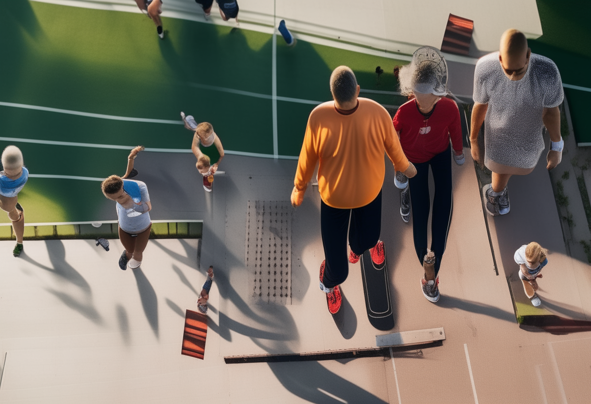 Aerial view from 1000 feet above a running track with people of different ages walking on it, including a baby and an elderly man