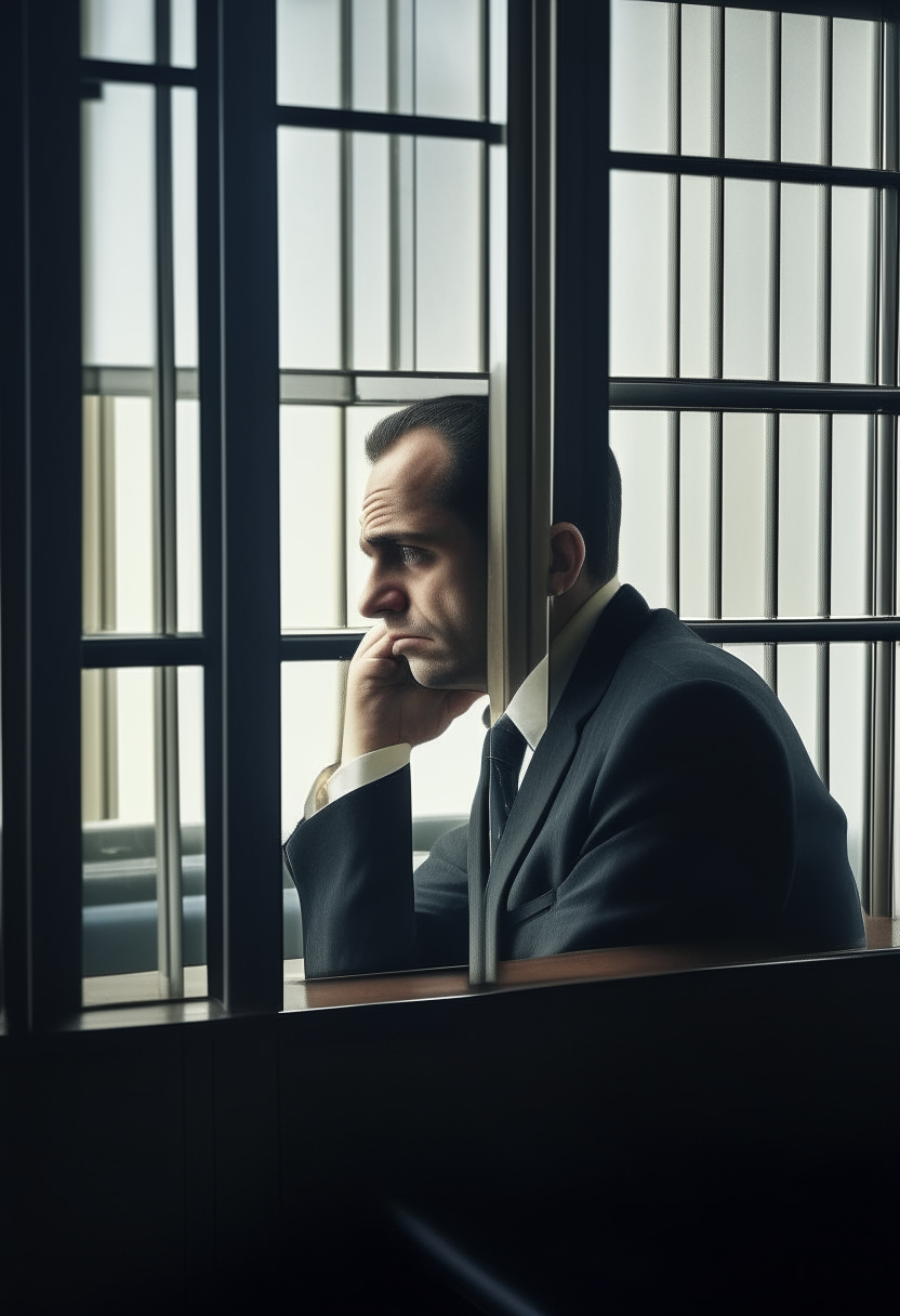 A sad man in a suit sitting at a desk in a cubicle, looking out through bars on the window