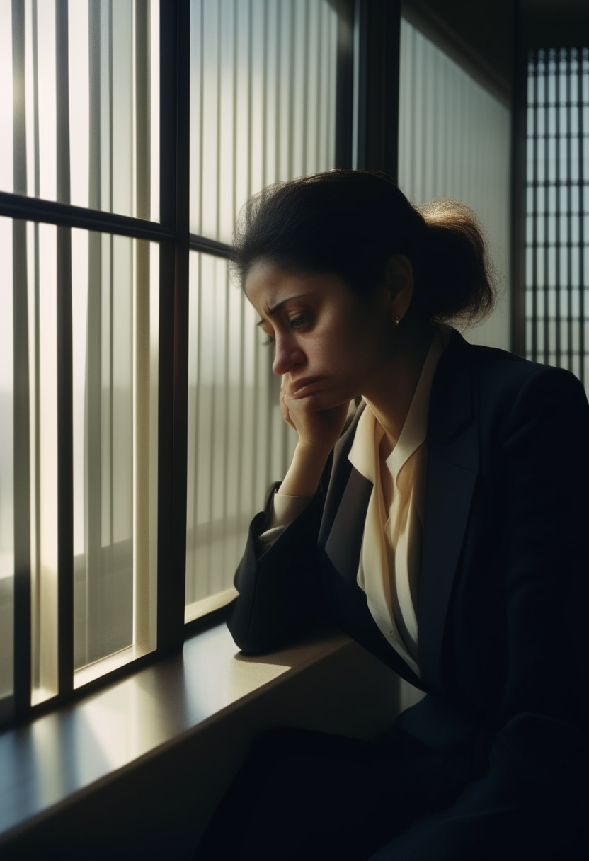 A sad woman in a suit sitting at a desk in a cubicle, looking out through bars on the window