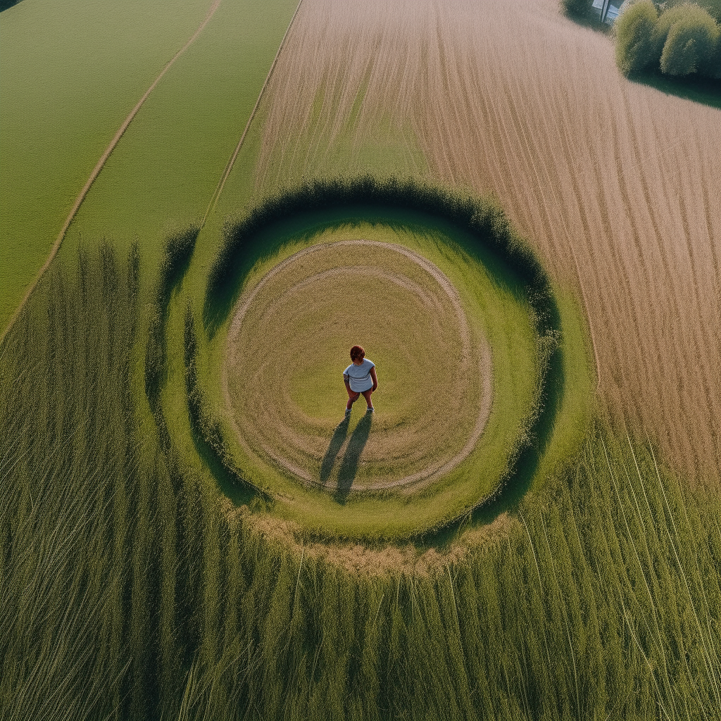 An aerial view from above showing a woman walking in circles on a path through a field