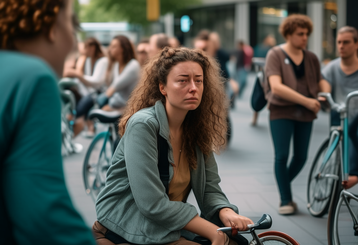 A woman sitting on a bench looking restless as people ride bikes and walk past her on a busy sidewalk