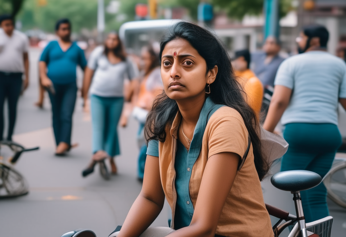 An Indian American woman sitting on a bench looking restless as people ride bikes and walk past her on a busy sidewalk