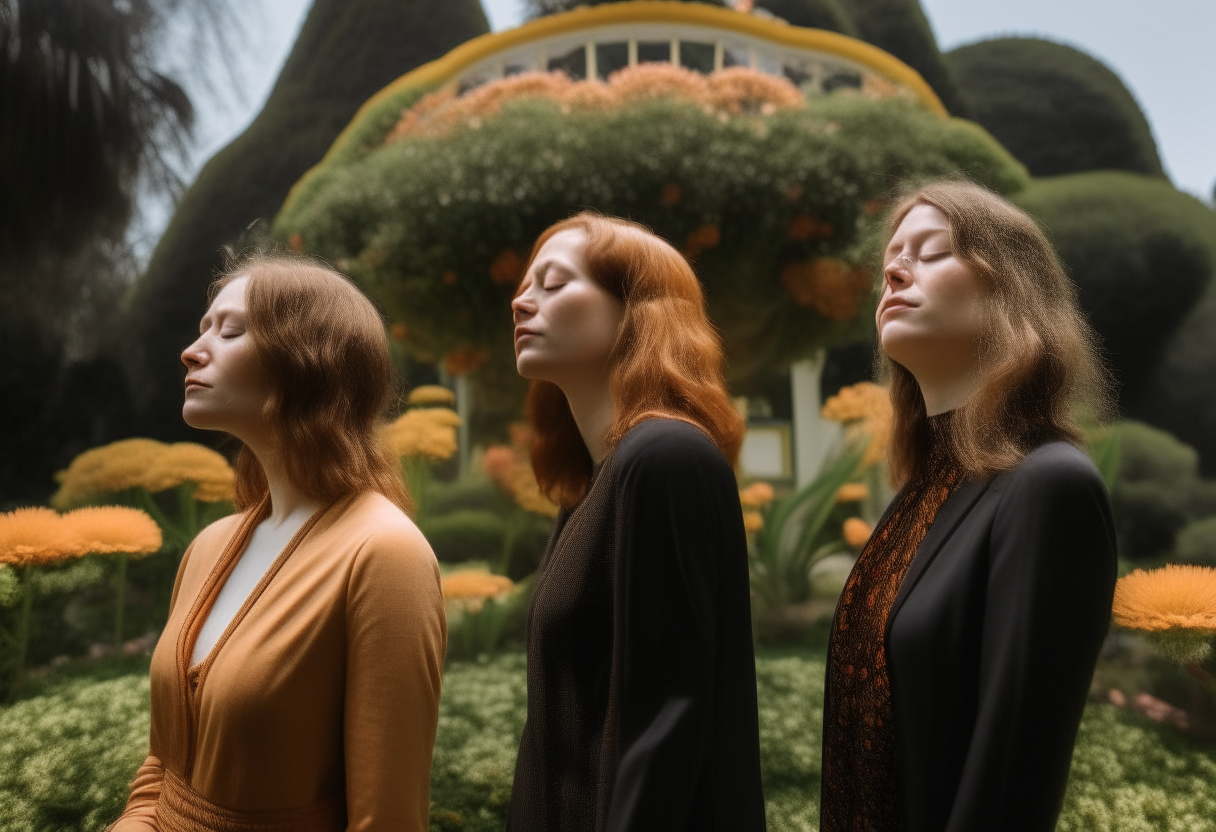 Three women with their eyes closed, appearing to be hallucinating, standing in Golden Gate Park in front of the Conservatory of Flowers