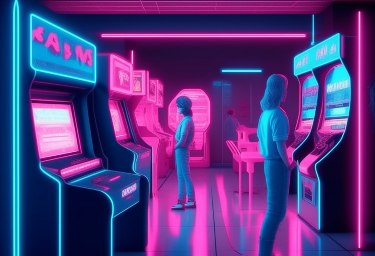arcade station 80s with peoples playing. light neon blue and pink 