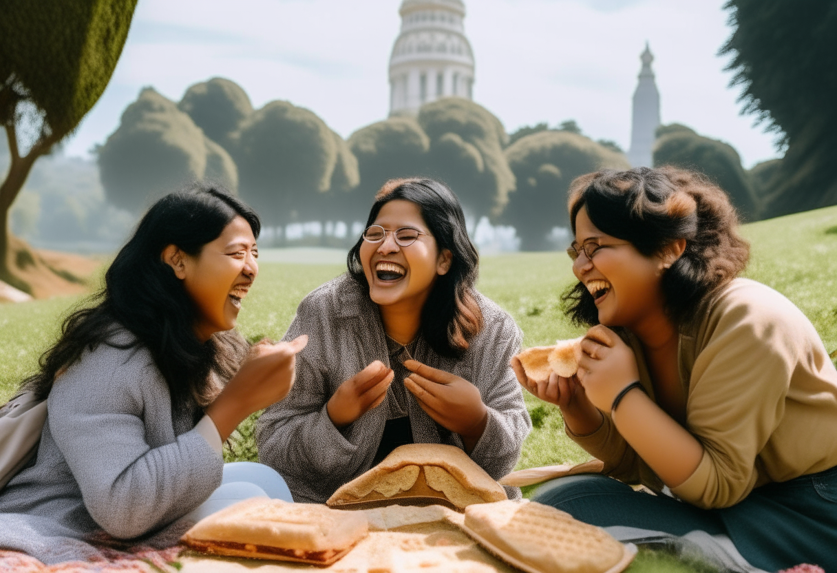 Three women (one Indian, two East Asian) laughing and having a picnic in Golden Gate Park in front of the Conservatory of Flowers