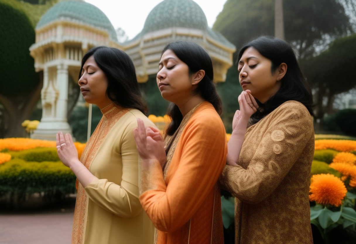 Three women (one Indian, two East Asian) with their eyes closed, appearing to be hallucinating, standing in Golden Gate Park in front of the Conservatory of Flowers