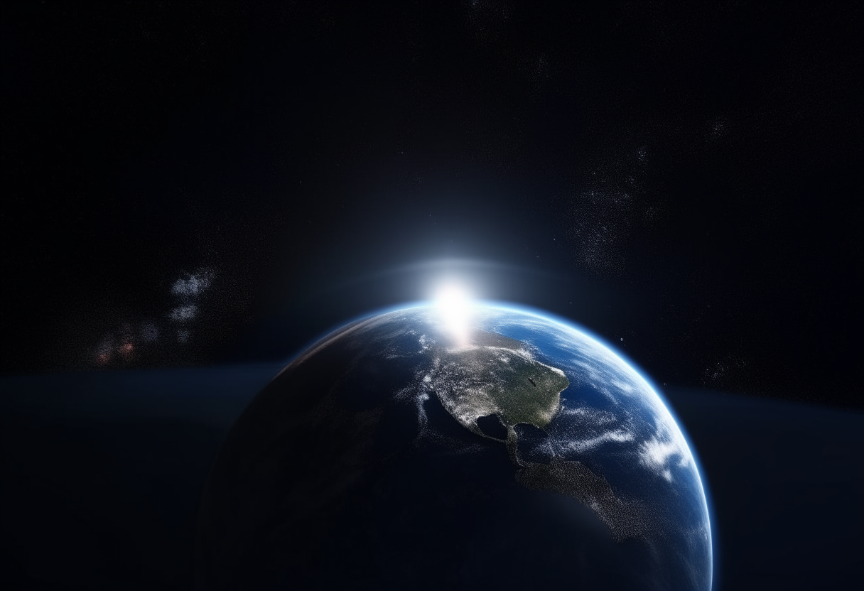 A photorealistic view of planet earth floating in space, seen from far away in the darkness of space with stars in the background