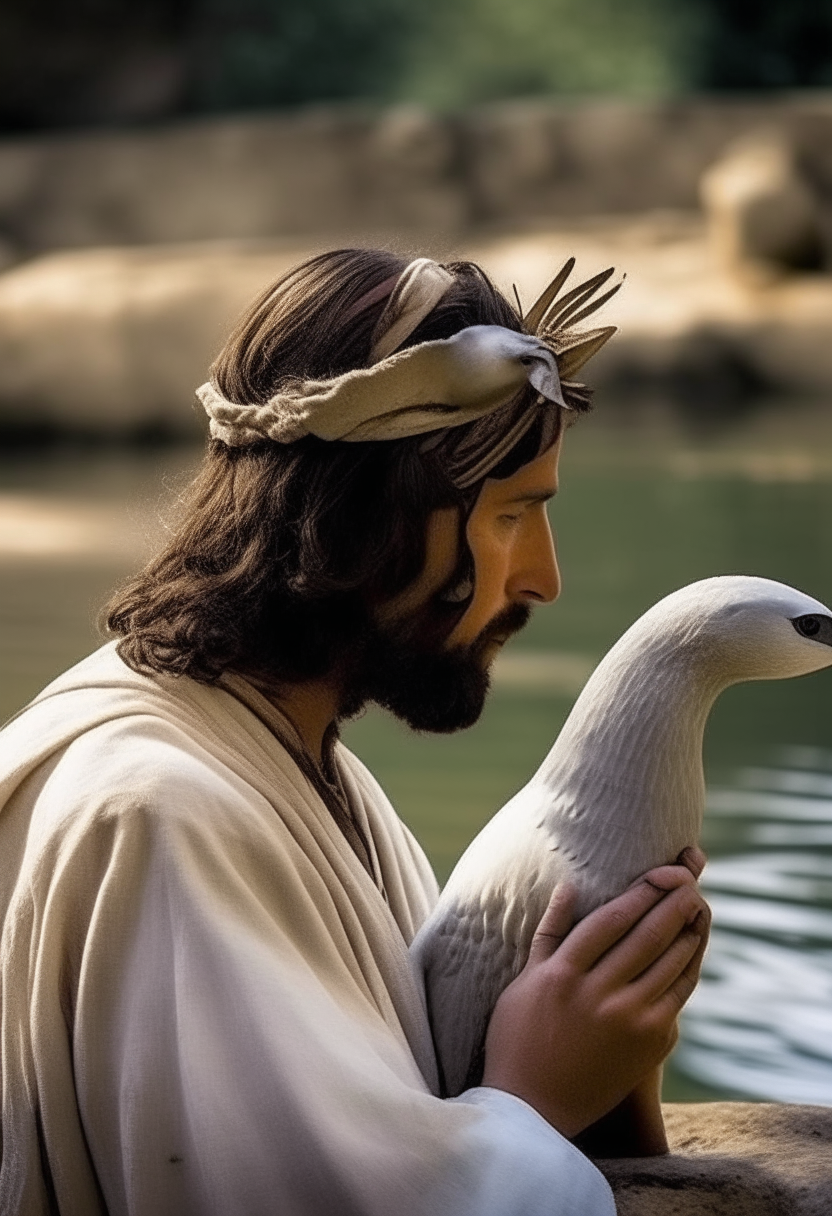 A dove on the head of Jesus in his baism in the Jordan River