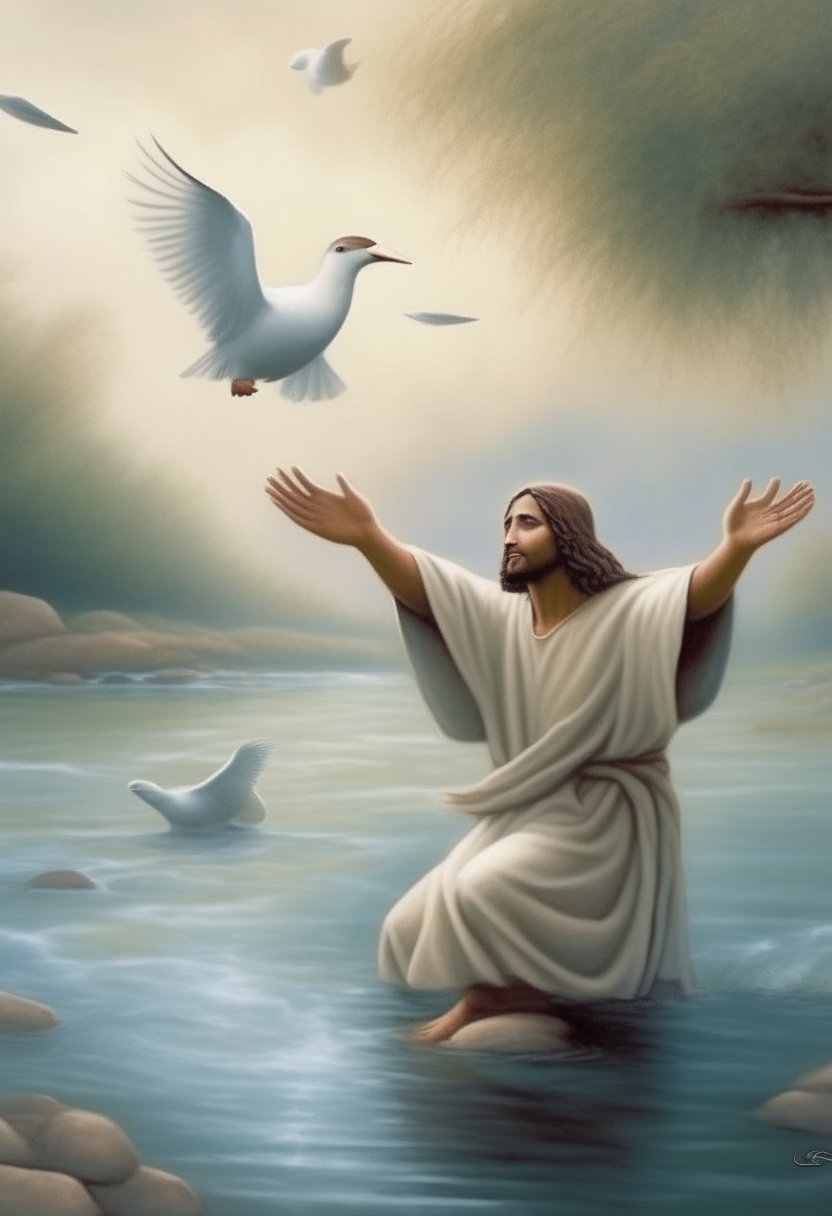 Jesus in the Jordan River and a dove flying over his head