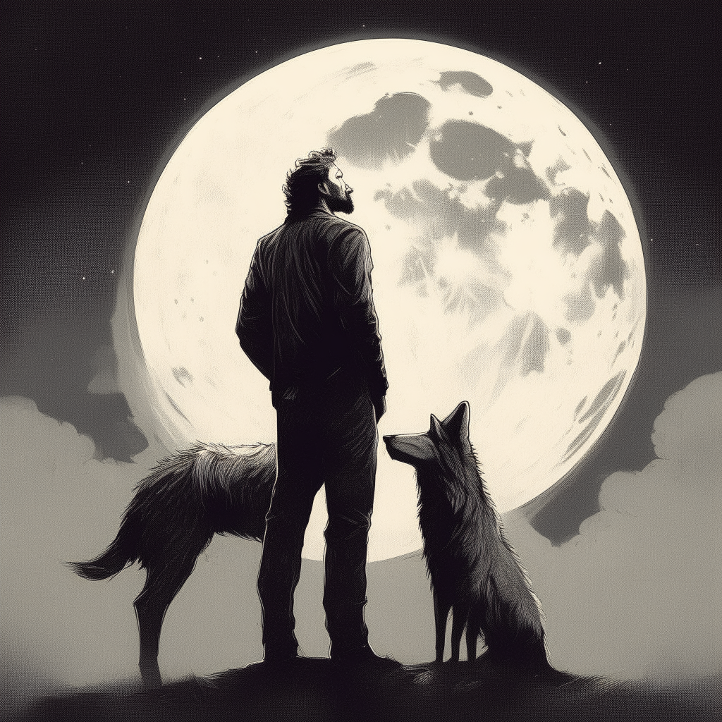 Un hombre lobo aullando a la luna llena, arte digital