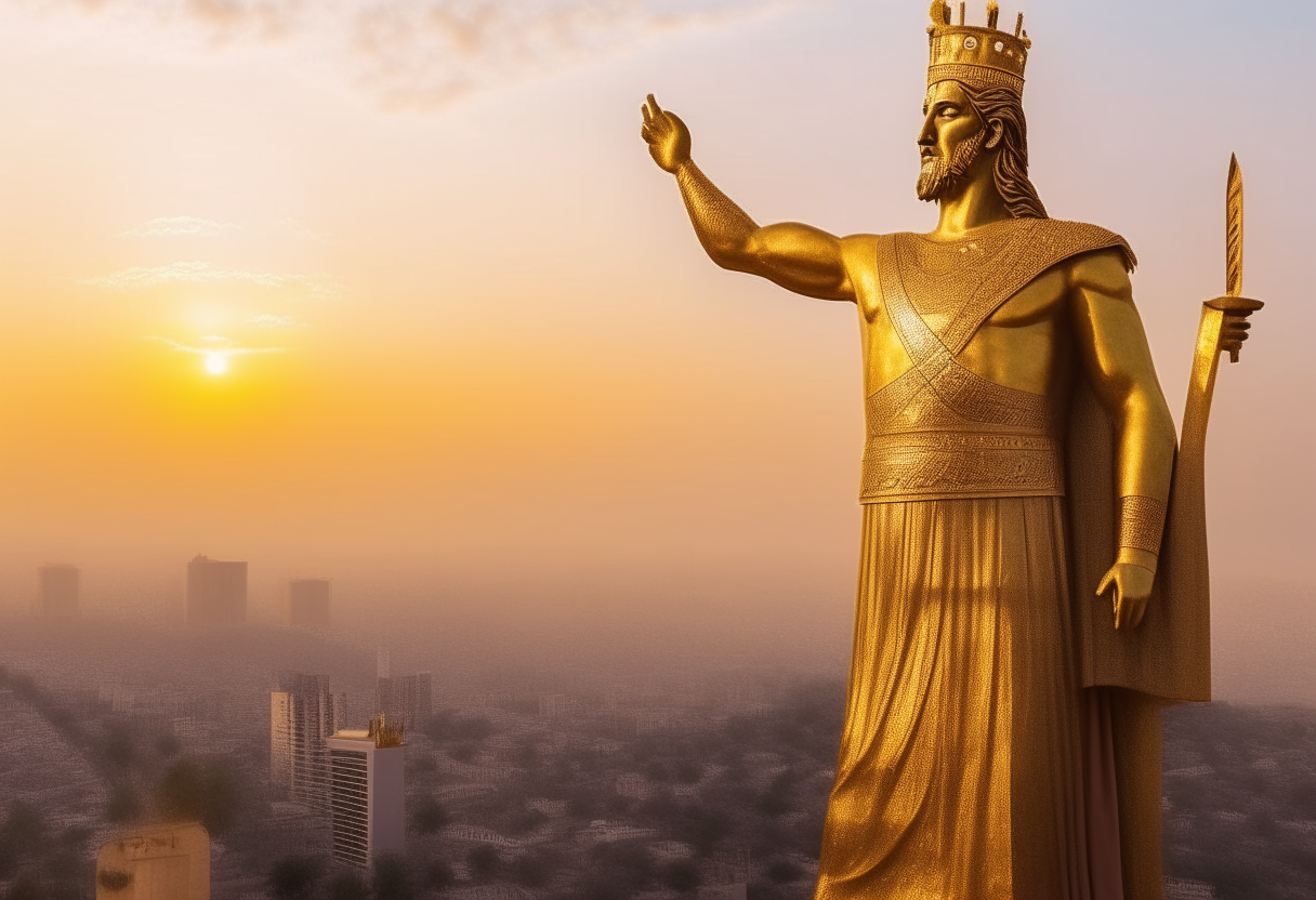 King Nebuchadnezzar, depicted larger than life, clutching his kingdom.