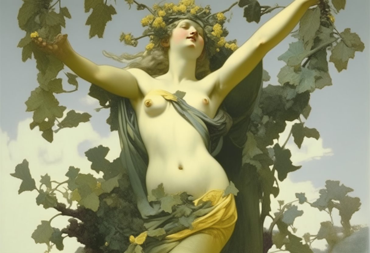 numph dafne partially transformed in a plant of laurel, entire figure, stretched arms towards the sky, no nudity

