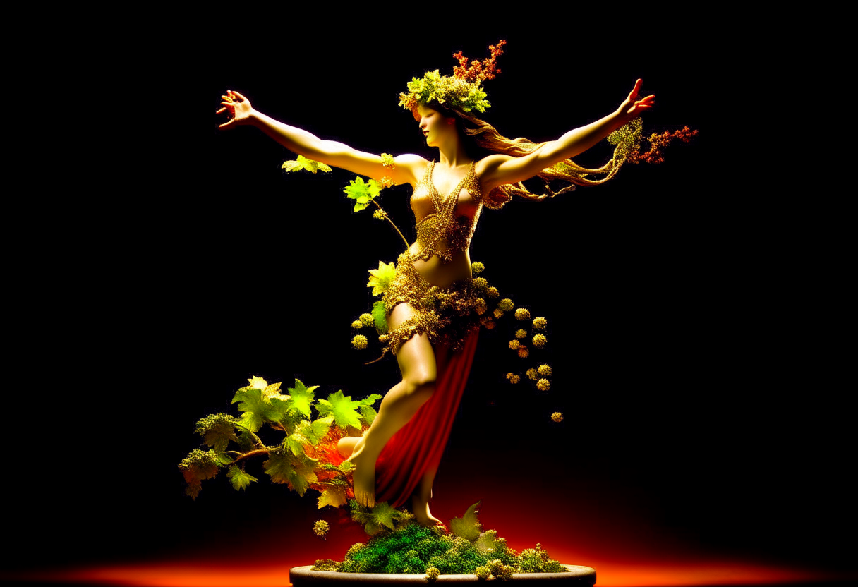 numph dafne partially transformed in a plant of laurel, entire figure, stretched arms towards the sky, tunic, no nudity

