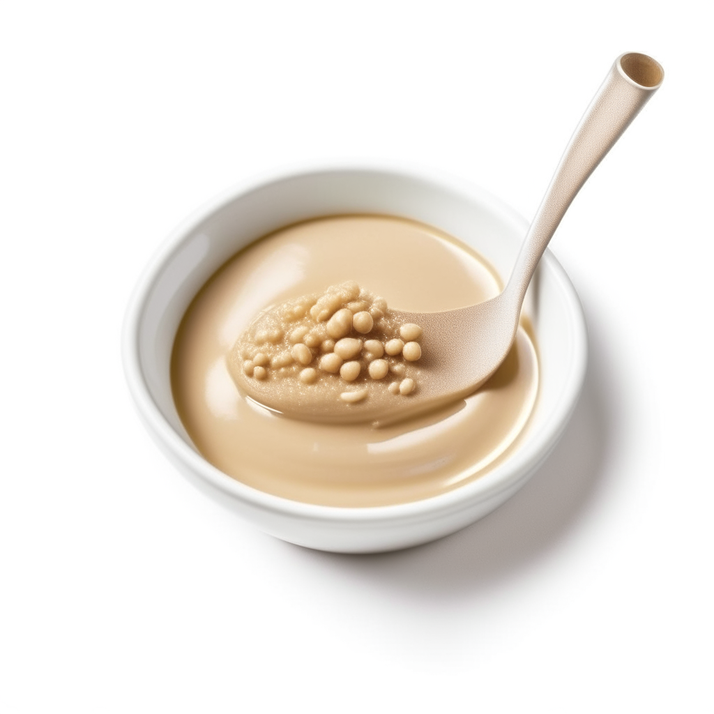 A bowl of Barley Smooth Mix baby food puree with a spoon next to it, on a white background