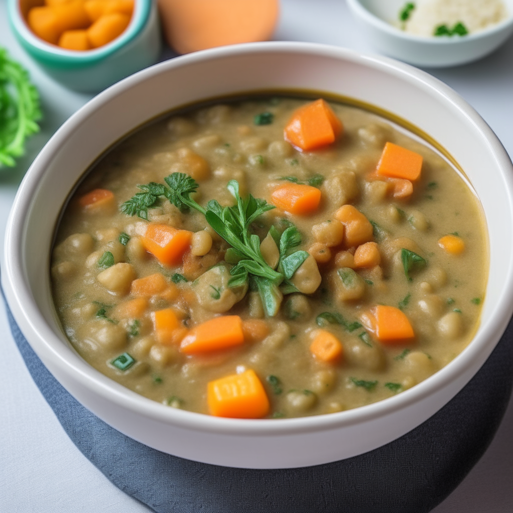 A bowl of creamy Lentil and Veggie Stew for babies, with lentils, carrots, potatoes, and spinach, freshly cooked and ready to eat