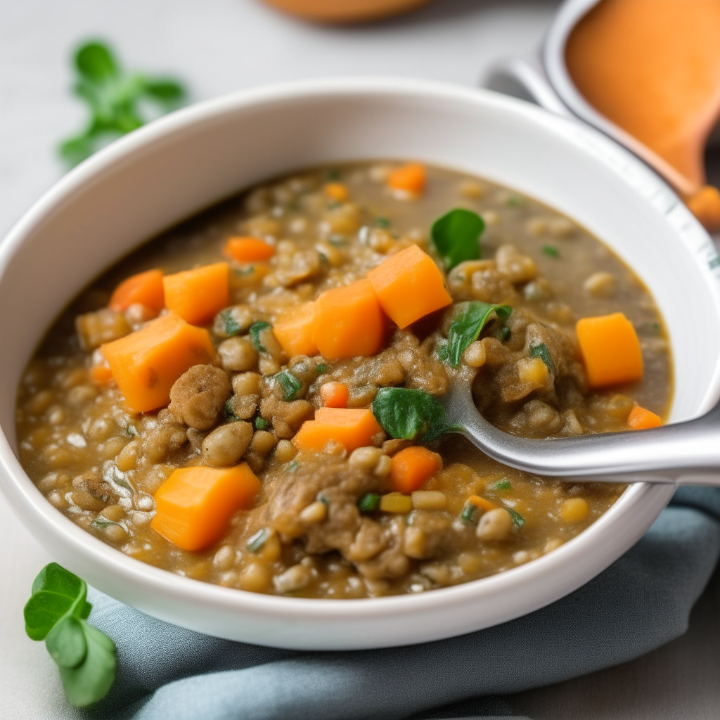 A spoonful of Lentil and Veggie Stew for babies, focused on the stew, with lentils, carrots, potatoes, and spinach, freshly cooked and ready to eat