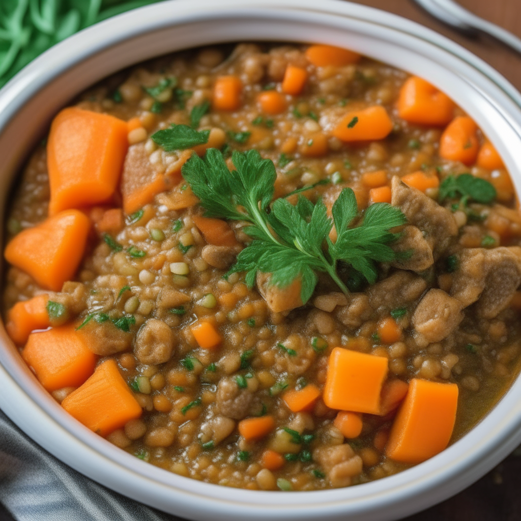 A close-up view of Lentil and Veggie Stew for babies in a bowl, filling the frame, with lentils, carrots, potatoes, and spinach, freshly cooked and ready to eat