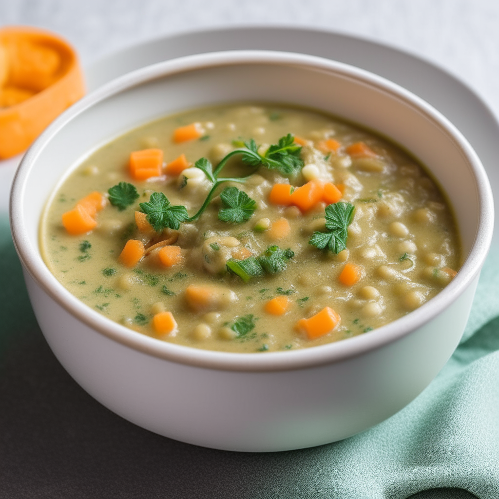 A bowl of creamy Lentil and Veggie Stew for babies, with lentils, carrots, potatoes, and spinach blended into a very smooth and creamy texture