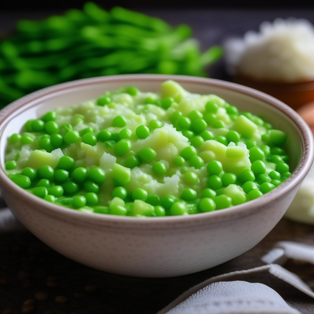 A bowl of Fish Flakes with Peas for babies, with flaky white fish and green peas, freshly made and ready to eat