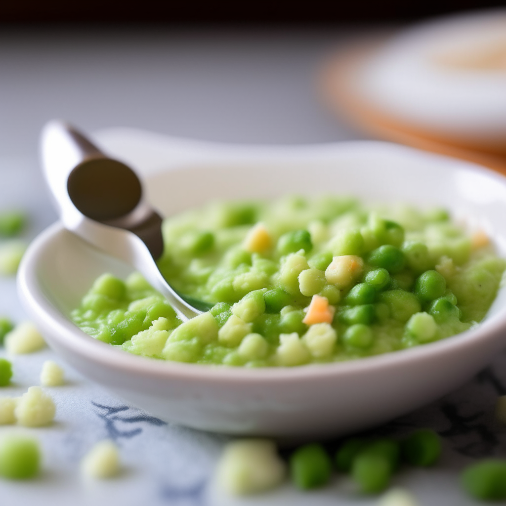 A spoonful of Fish Flakes with Peas for babies, focused on the fish flakes and peas, freshly made and ready to eat