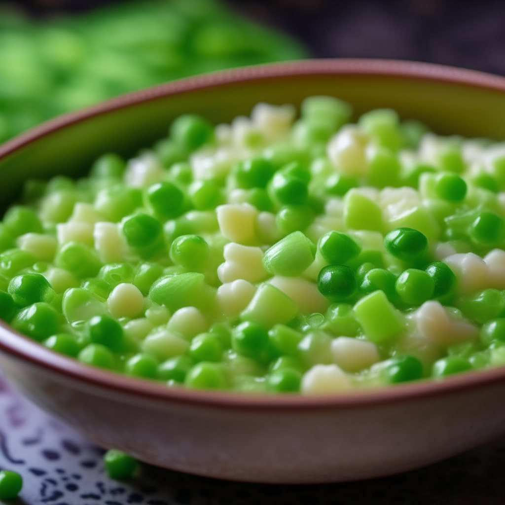 A close up view of Fish Flakes with Peas for babies in a bowl, filling the frame, with flaky white fish and green peas, freshly made and ready to eat