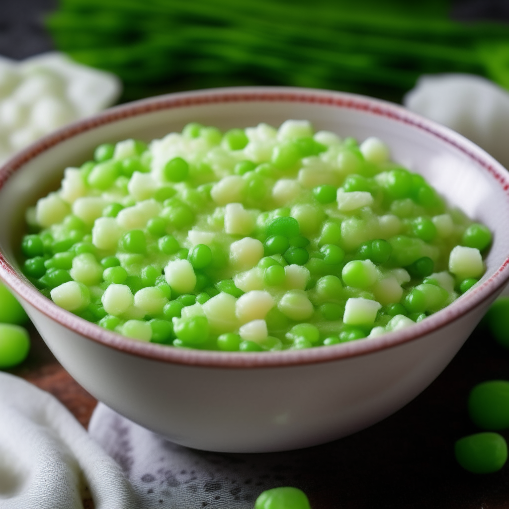 A bowl of Fish Flakes with Peas for babies, filled with lots of white fish flakes and green peas, freshly made and ready to eat