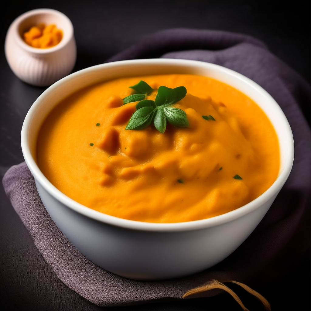 A bowl of creamy Pumpkin and Bean Mash for babies, with pumpkin and beans blended into a smooth puree, freshly made and ready to eat