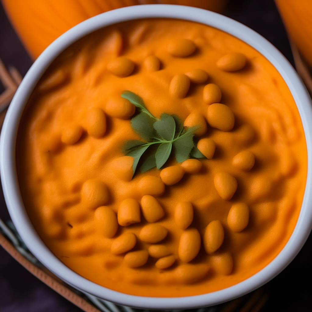 A close-up view of Pumpkin and Bean Mash for babies in a bowl, filling the frame, with pumpkin and beans blended into a smooth puree, freshly made and ready to eat