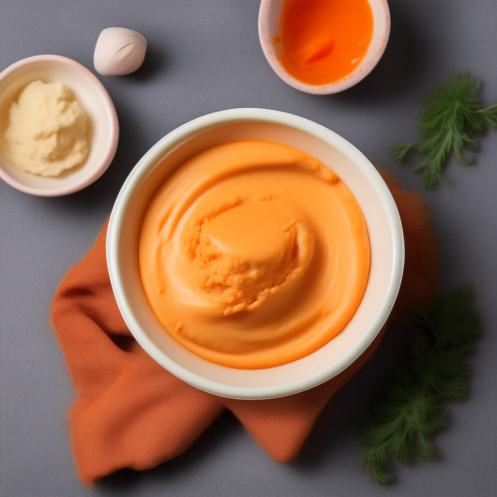 A bowl of Turkey and Carrot Puree for babies, with turkey and carrots blended into a smooth, creamy puree, freshly made and ready to eat