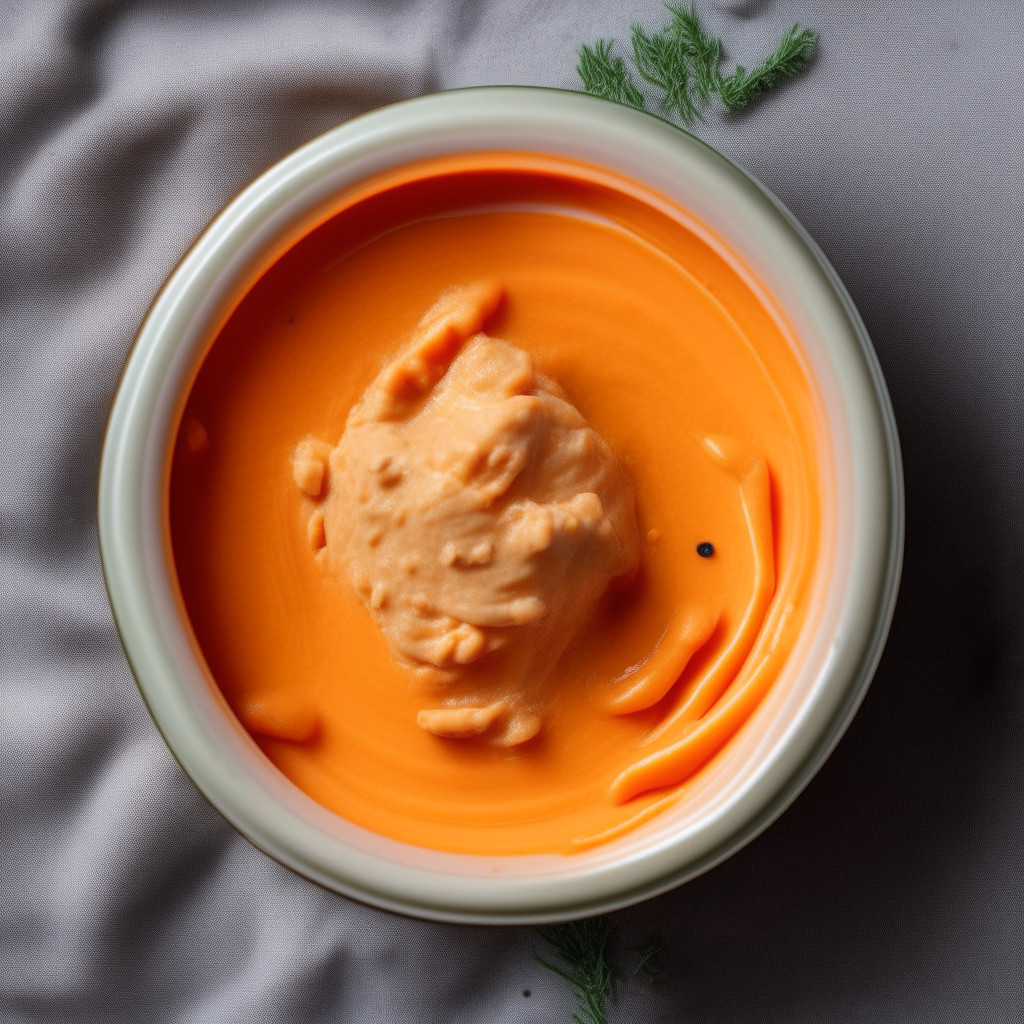 A close-up view of Turkey and Carrot Puree for babies in a bowl, filling the frame, with turkey and carrots blended into a smooth, creamy puree, freshly made and ready to eat