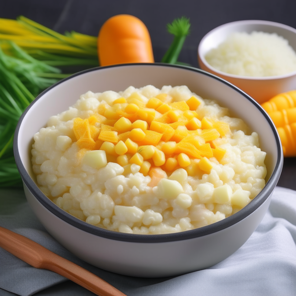 A bowl of Sweet Corn and Rice Combo for babies, with corn and rice in a creamy sauce, freshly made and ready to eat