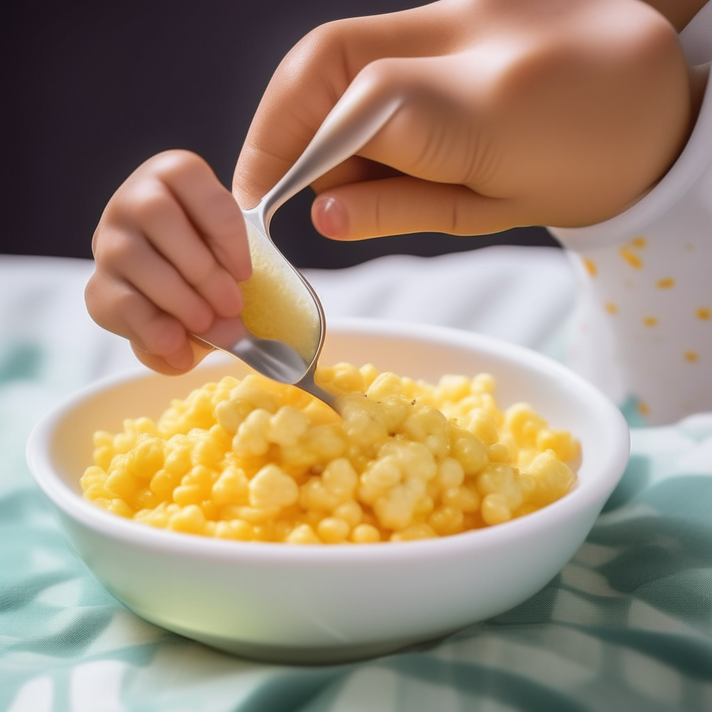 A spoonful of Sweet Corn and Rice Combo for babies, focused on the corn, rice and sauce, freshly made and ready to eat