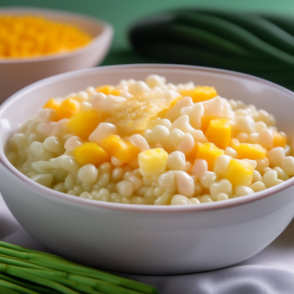 A close-up view of Sweet Corn and Rice Combo for babies in a bowl, filling the frame, with corn, rice and creamy sauce, freshly made and ready to eat