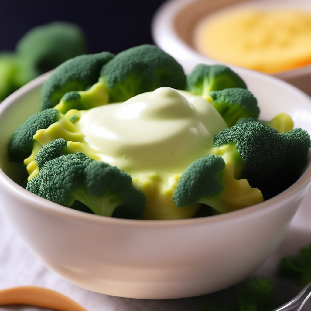 A close-up view of Broccoli and Cheese Cream for babies in a bowl, filling the frame, with broccoli florets and creamy cheese sauce, freshly made and ready to eat