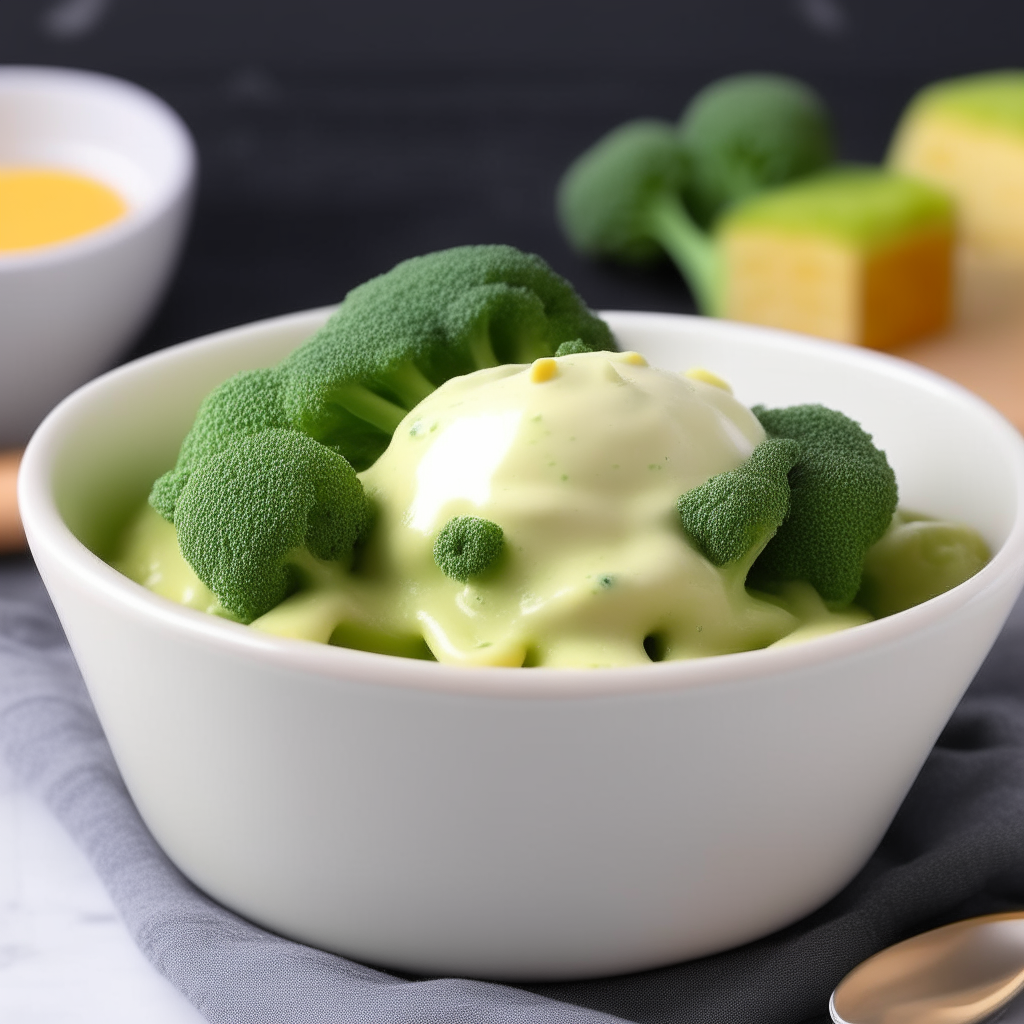 A bowl of Broccoli and Cheese Cream for babies, with broccoli florets and creamy cheese sauce, freshly made and ready to eat