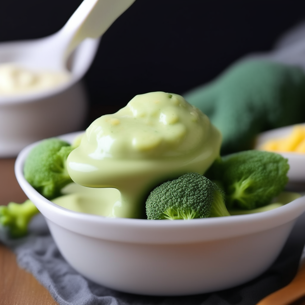 A spoonful of Broccoli and Cheese Cream for babies, focused on the broccoli and cheese sauce, freshly made and ready to eat