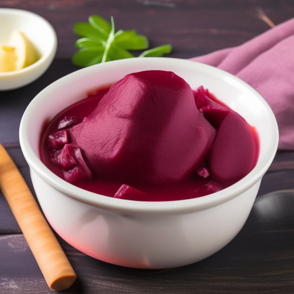 A bowl of Beetroot and Potato Mix for babies, with beetroot and potato blended into a smooth puree, freshly made and ready to eat