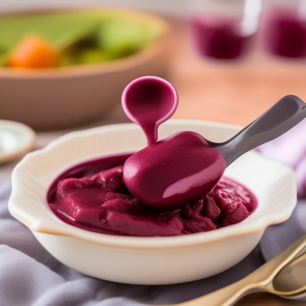 A spoonful of Beetroot and Potato Mix for babies, focused on the beetroot and potato puree, freshly made and ready to eat