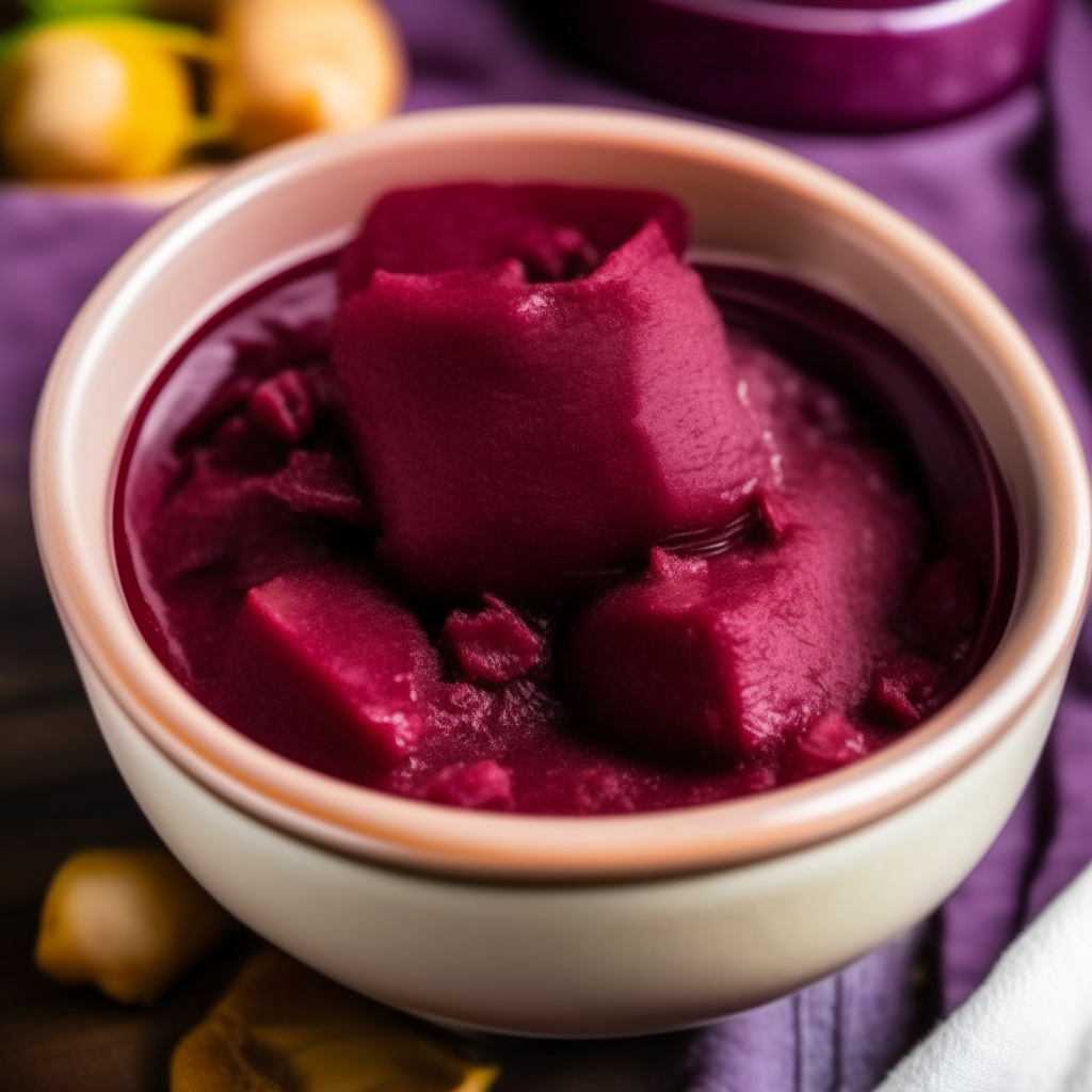 A close-up view of Beetroot and Potato Mix for babies in a bowl, filling the frame, with beetroot and potato blended into a smooth puree, freshly made and ready to eat