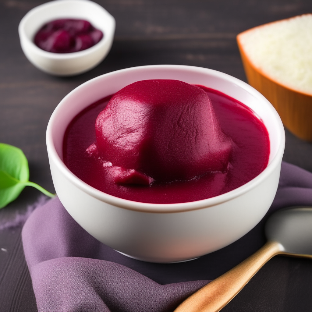 A bowl of Beetroot and Potato Mix for babies, with beetroot and potato blended into a smooth puree, freshly made and ready to eat, no spoon