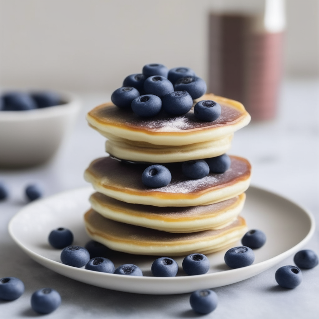 A stack of small, fluffy pancakes with blueberries on top, freshly made and ready to eat, perfect for babies 6-9 months old