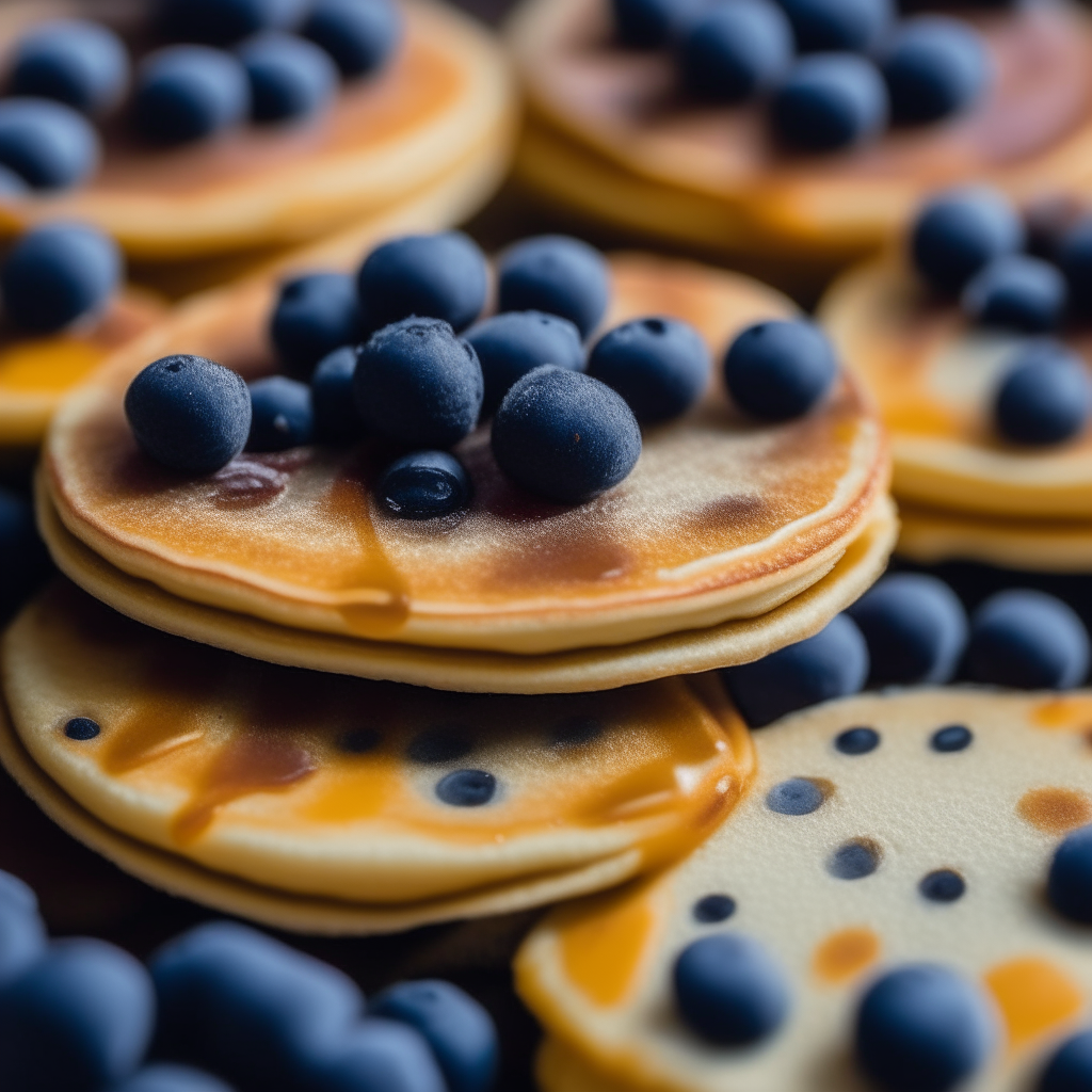 A close-up view of mini pancakes with blueberries, filling the frame, freshly made and ready to eat