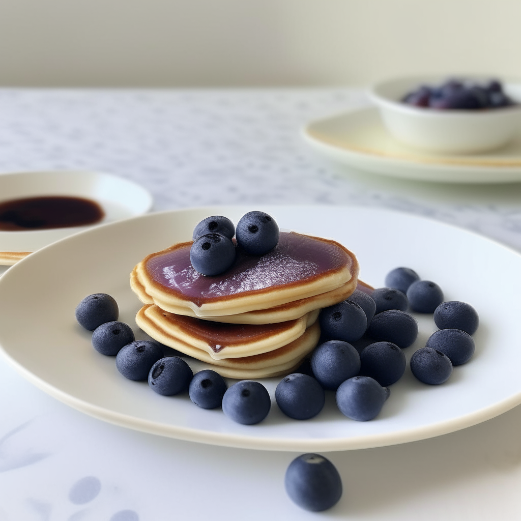 Mini pancakes with blueberries on a white plate, freshly made and ready to eat, suitable for babies 6-9 months old