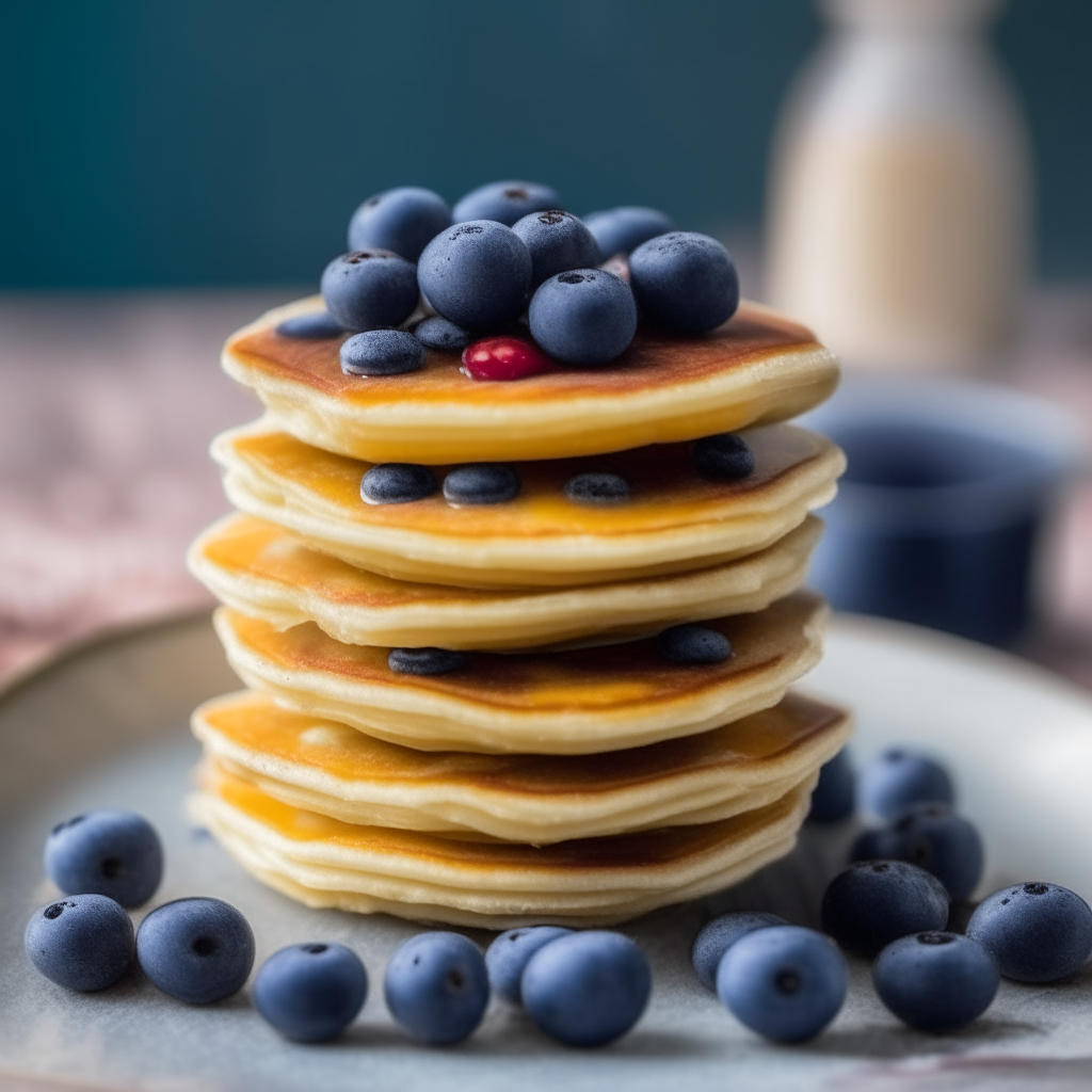 A stack of small, fluffy mini pancakes with blueberries, filling the frame, freshly made and ready to eat