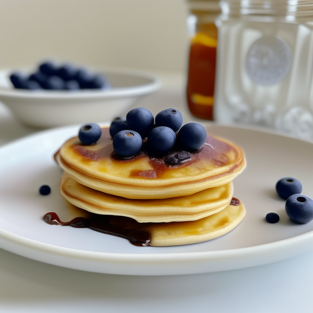 Several small, fluffy mini pancakes with blueberries, arranged separately on a white plate, freshly made and ready to eat