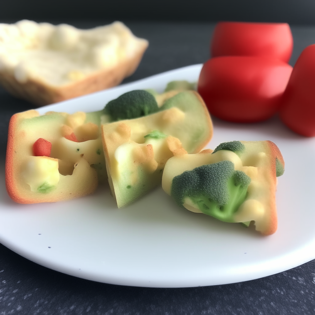 Two small omelette bites with broccoli, tomato, and cheese, freshly made and ready to eat, perfect for babies 6-9 months old