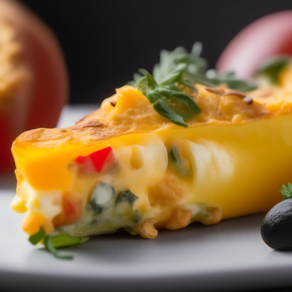 A single omelette bite filled with vegetables and cheese, zoomed in tightly, freshly made and ready to eat