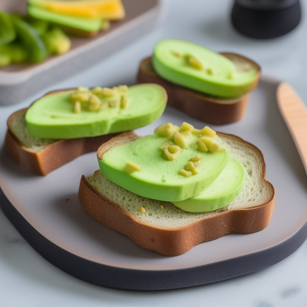 Two pieces of toast cut into strips with mashed avocado spread on top, freshly made and ready to eat, perfect for babies 9-12 months old