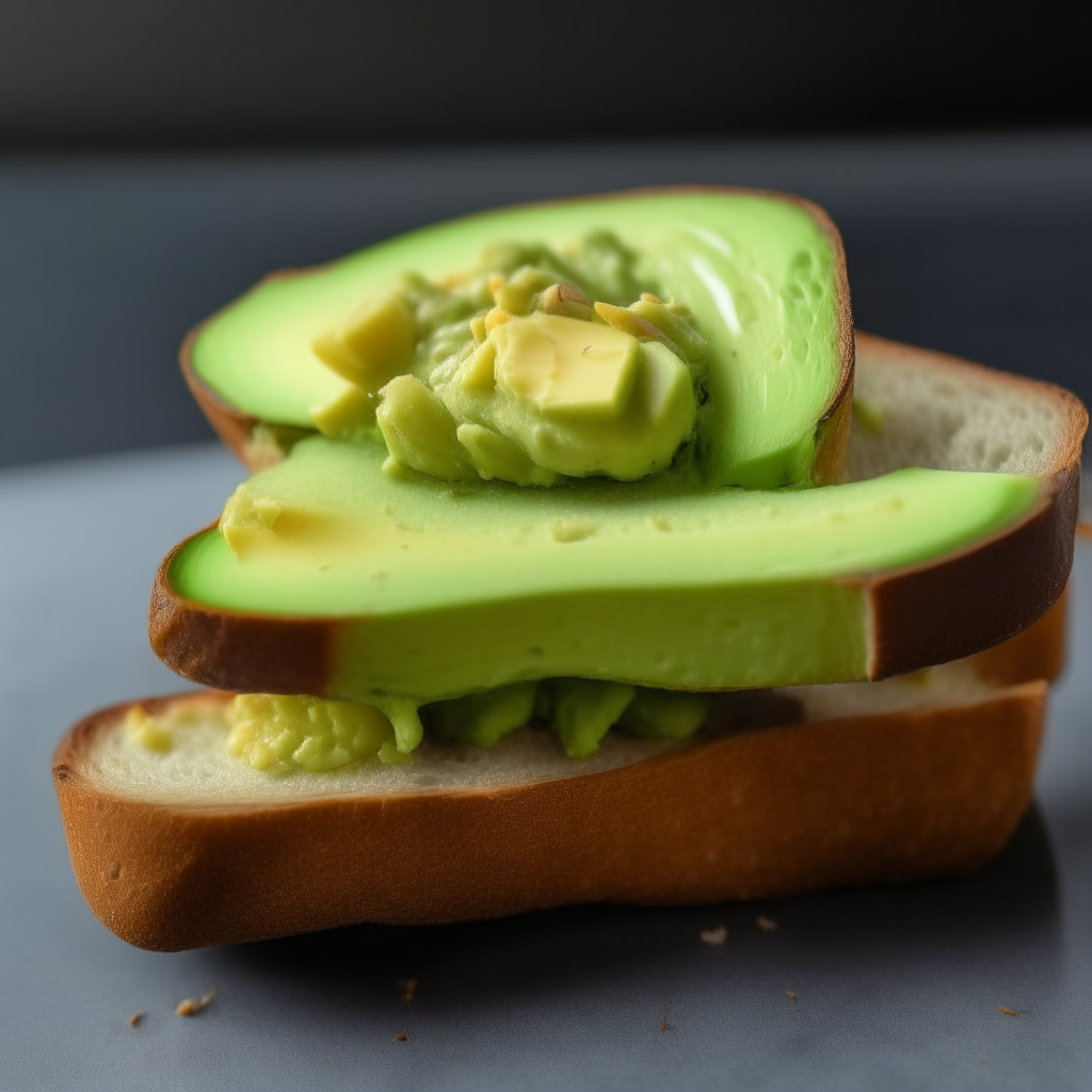 A single toast finger with avocado spread, zoomed in tightly, freshly made and ready to eat