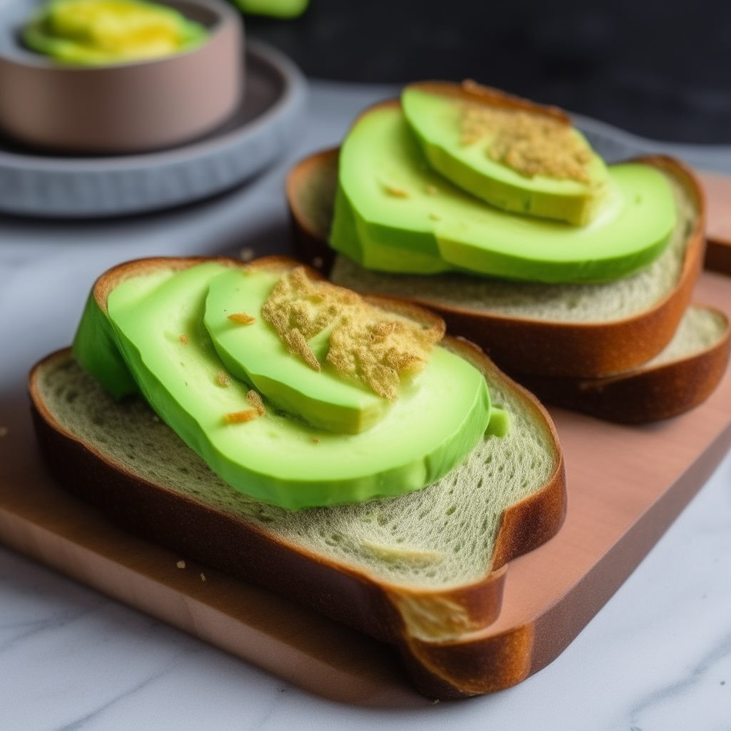 Two pieces of toast cut into strips with mashed avocado spread evenly over the top like butter, freshly made and ready to eat